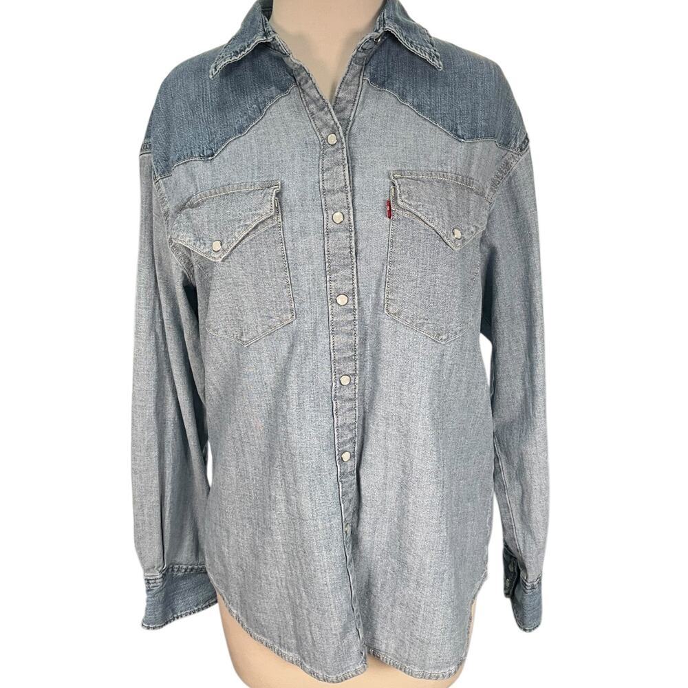 Levis Womens Western Snap Shirt Small Chambray Denim Pearl Snap Cowboy Country